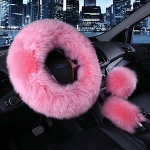 Universal Real Fur Sheepskin Car Furry Warm Pink Red Fluffy Fuzzy Steering Wheel Cover Set for Women Girl
