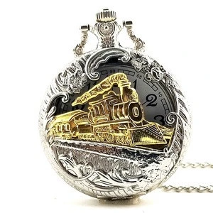 Vintage Silver Charming Gold Train Carved Openable Hollow Steampunk Quartz Pocket Watch