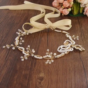 Vintage White Beads Bridal Tiara Ribbon Headband,Wholesale Gold Wedding Hair Accessories