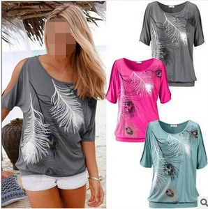walson Women Short Sleeve T Shirt Tee Loose Casual Feather Print Ladies Summer Blouse