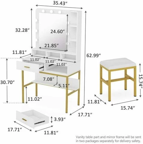 White Double Drawer Multi-Compartment Space With Square Mirror And Stool Dressing Table