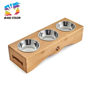 Wholesale best wooden pet feeder stand double strainless bowls used for dogs and cats W06F056