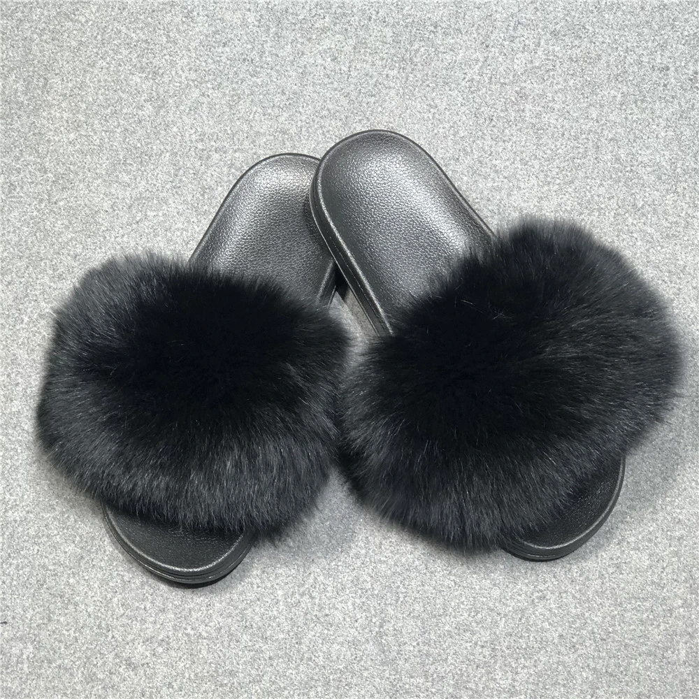 Wholesale Fur Shoes Hot Sale Fashion Home Plush Slippers Women Fox Fur Shoes Slides Flip Flops Fur Slippers