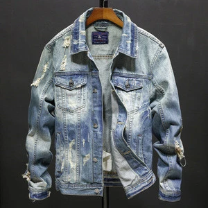Wholesale winter clothing men&#039;s jean jacket long sleeve man denim jacket with fashion rips holes