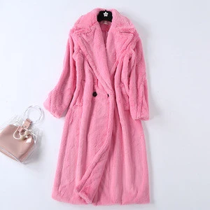 Winter Women Fashion Wholesale Boutique Fancy Style Big Lapel Collar Pink Long Fur Like Coat