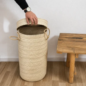 Handwoven Palm Leaf Laundry Basket with Lid | Natural Woven Hamper | Handmade Tunisian Storage Basket | Boho Home Decor
