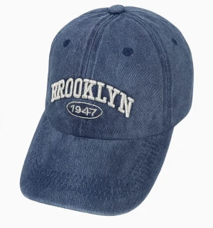 Brooklyn 1947 Embroidered Denim Baseball Cap – Unisex Adjustable Vintage Dad Hat (Blue/Grey)