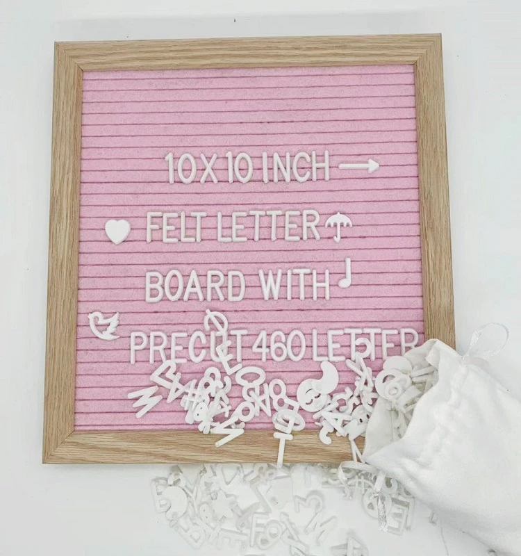 10 x10 Inch Pink Felt Letter Board With Oak Solid Wood Frame Wall Mount Hanger Plus 460 White Piece Precut Plastic Letters