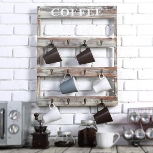 12-Hook Rustic Wall-Mounted Wood Coffee Mug Holder Kitchen Storage Rack Brown