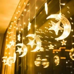 138 LED Star Moon Curtain String Lights Ramadan Window Decoration with 8 Flashing Modes Twinkle Star for Christmas Holiday