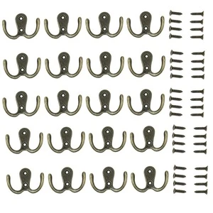 20 Pieces Double Prong Robe Hook Rustic Hooks Retro Cloth Hanger Coat Hanger with 44 Pieces Screws