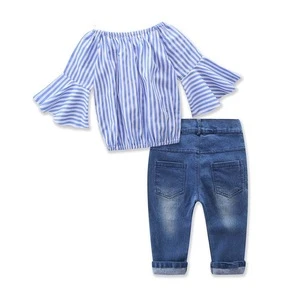2017 New summer clothes sets for kids Europe and the United States style girls Striped T-shirt and jeans for 3-8 yeas old