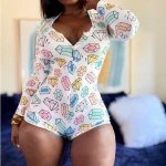 2021 new fashion deep v neck  seamless printed sleepware pajamas romper bodysuit for night
