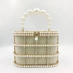 2024 Luxury diamond ladies purse handbags women bags rhinestone crystal bag pearl handle metal bucket cage clutch evening bag