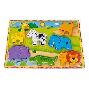3D Wooden Wild Animals Chunky Puzzle for Toddlers Preschool Learning Educational Toys 7 Pcs