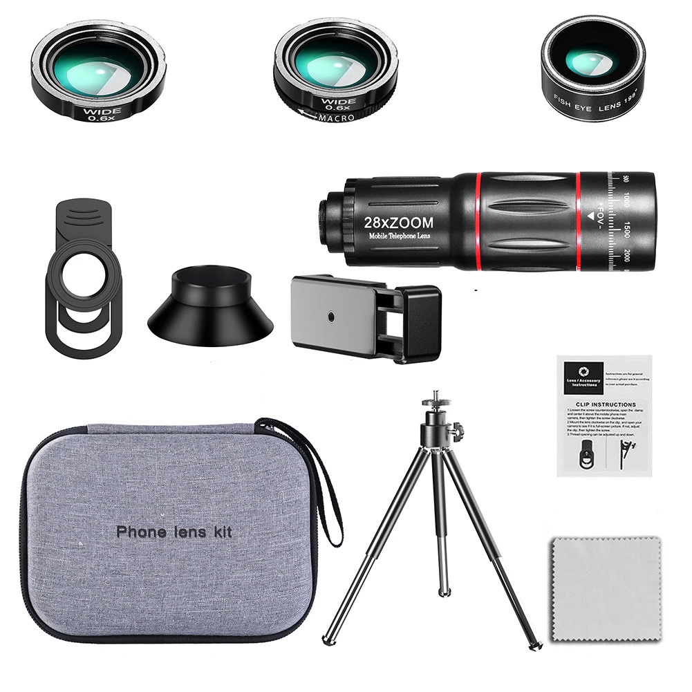 4 in 1 28x Zoom Telephoto Lens with Phone Holder and Tripod Mobile Phone Camera Lens 28x Monocular Telescope