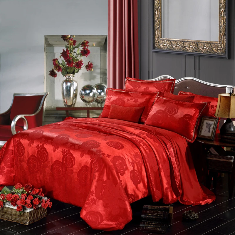 4 Pcs Silk Bedding Sets 100% Cotton, Stock Jacquard Cotton Bedding Sets Queen Comforter/