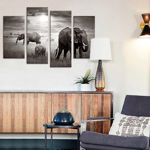 4 Pieces African Grassland Elephant Painting Photo Printed on Canvas HD Giclee Animal Printing Wall Decor Medium Size/SJMT1966