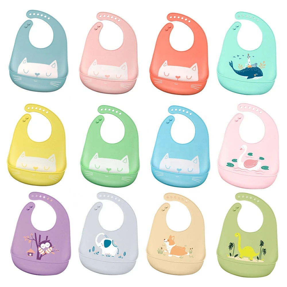 Amazon 2021 Best New Products Custom Comfortable Soft Waterproof Washable Cute Animal Cat Roll Up Silicone Baby Bib for babies