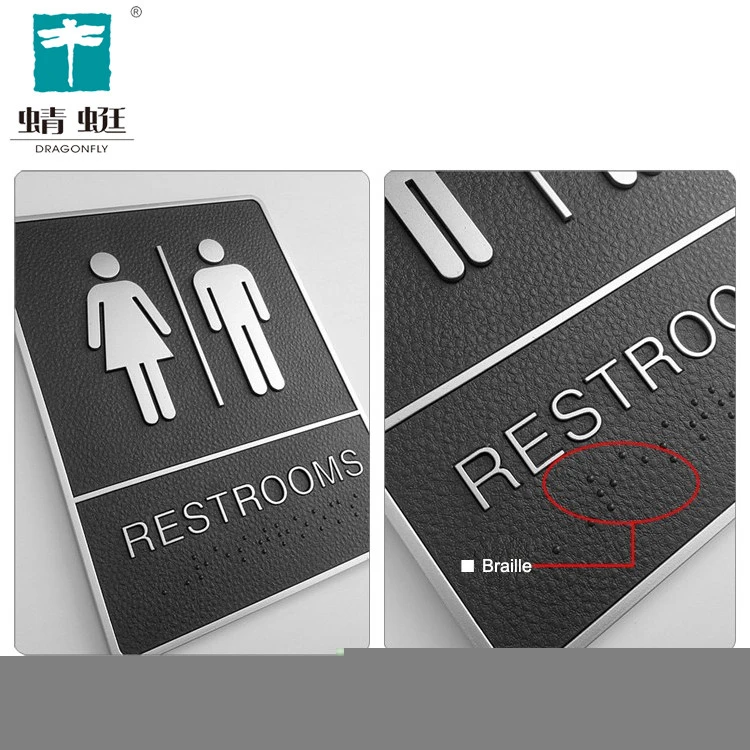 Amazon Hot Sell Premium ADA Unisex Restroom Braille Sign with Double Sided tape 6&quot; x 8&quot; matte finish dark grey on silver