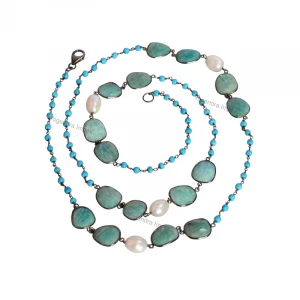 Amazonite & Pearl With Turquoise Gemstone Necklace 925 Sterling Silver, Black Rhodium Plated Gemstone Jewelry Wholesale Supplier