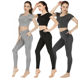 Amazons new sports training navel-bearing fashion pocket yoga 2 piece women gym wear dance and bodybuilding suit women