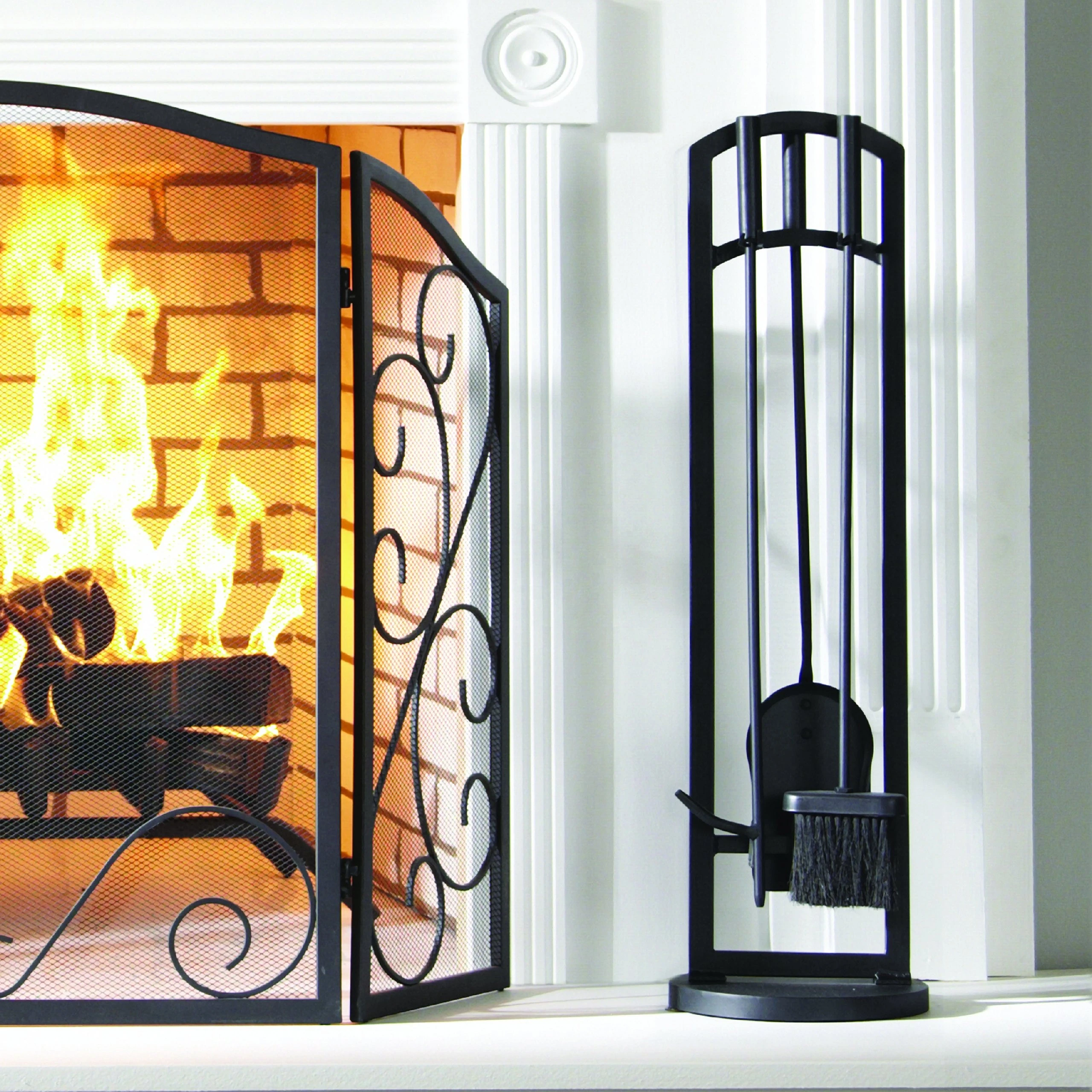 Arched 4 Piece Black Wrought Iron Fire Place Accessories Wood Stove Hearth Tools Holder Fireplace Toolset