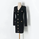Autumn new false pocket metal buckle slim V-neck long sleeve knitted skirt dress woman sweater