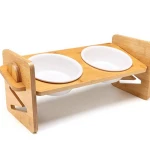 Bamboo Raised Pet Bowl for Cats and Small Dogs,Adjustable Elevated Dog Cat Food and Water Bowl Stand Feeder with 2 Ceramic Bowls