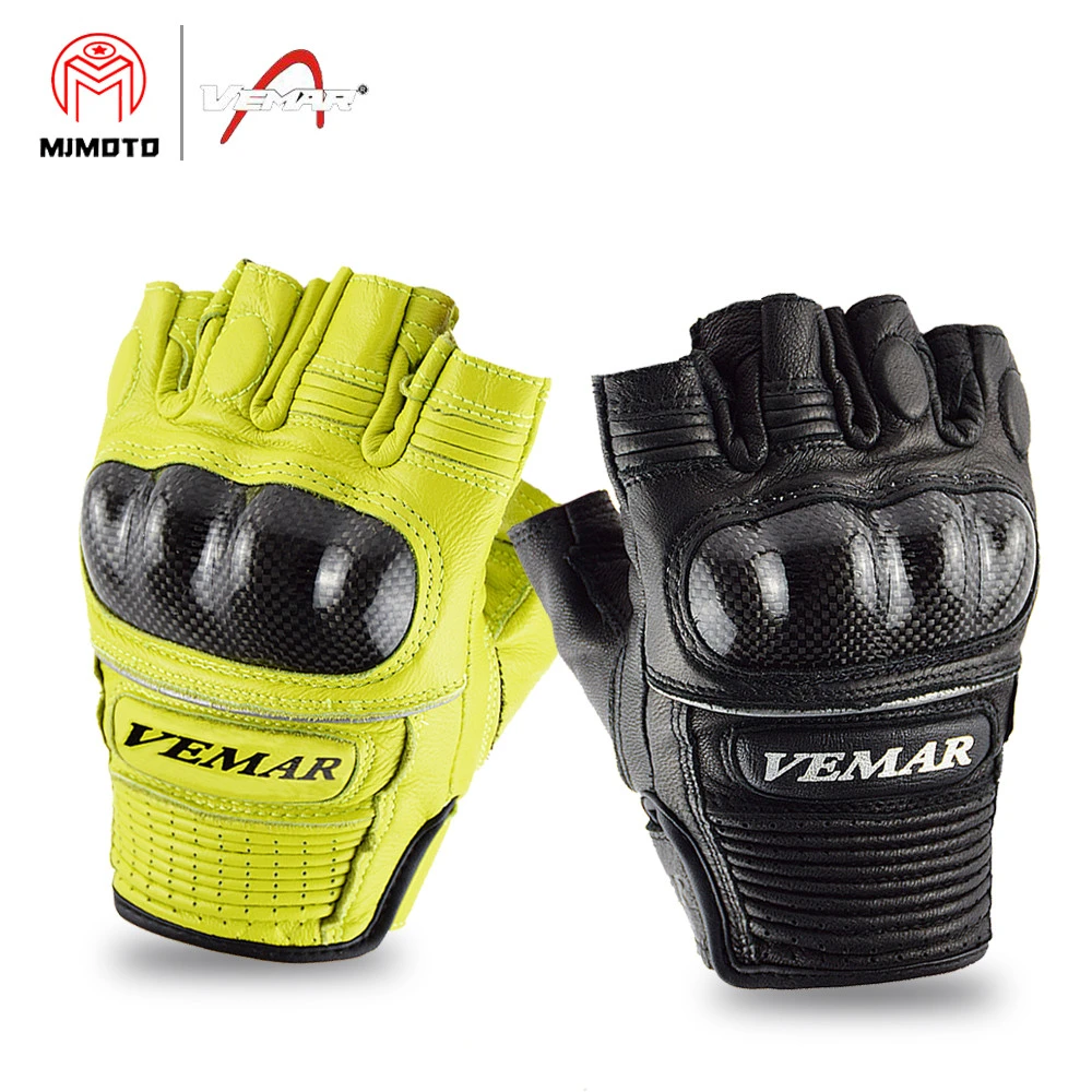 Brand New Vemar Retro Half Finger Genuine Leather Motorcycle Gloves Carbon Fiber Moto Racing Gloves Breathable M-XXL