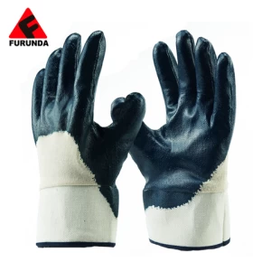 Bulk Heavy Duty Cheap Custom Industrial Blue Nitrile Rubber Coated Working Gloves Printed with Logo