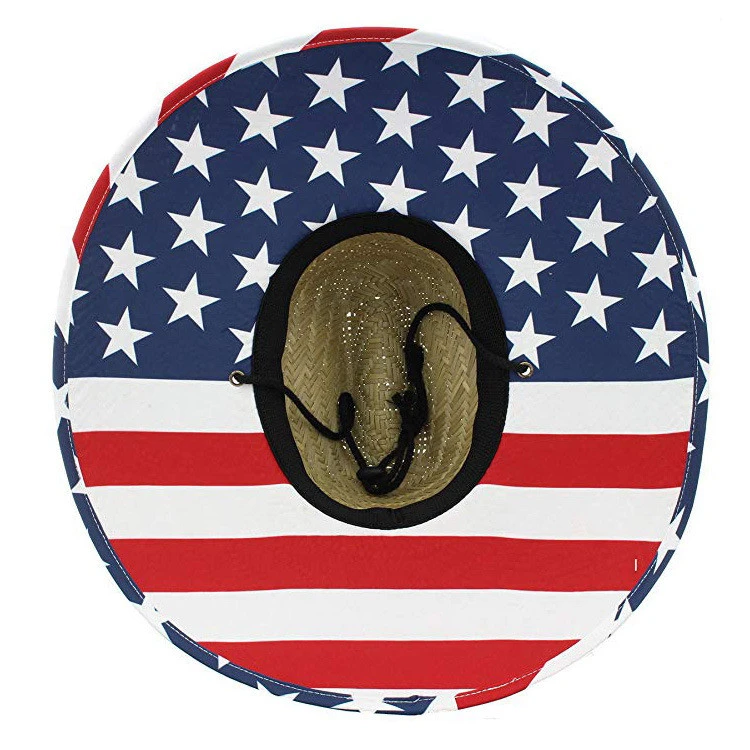 Custom logo USA Flag Surf Sun Beach Surf Hat Wide Brim Straw Lifeguard Hat