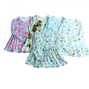 Customized Baby Girls Dress Designs Animal Prints Aqua Tulle Dress Long Sleeves Winter Kids Frock Dress