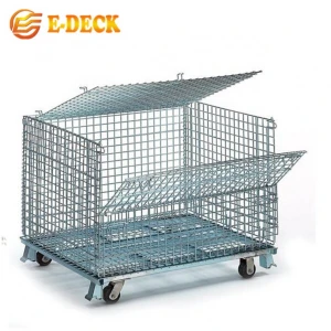 Customized Galvanized Collapsible Folded Stackable Warehouse Metal Wire Mesh Heavy Duty Pallet Cage With Lid