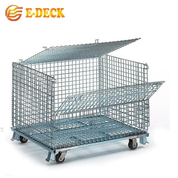 Customized Galvanized Collapsible Folded Stackable Warehouse Metal Wire Mesh Heavy Duty Pallet Cage With Lid