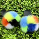 cute non-slip children natural fox fur slides winter warm indoor kids fur slipper
