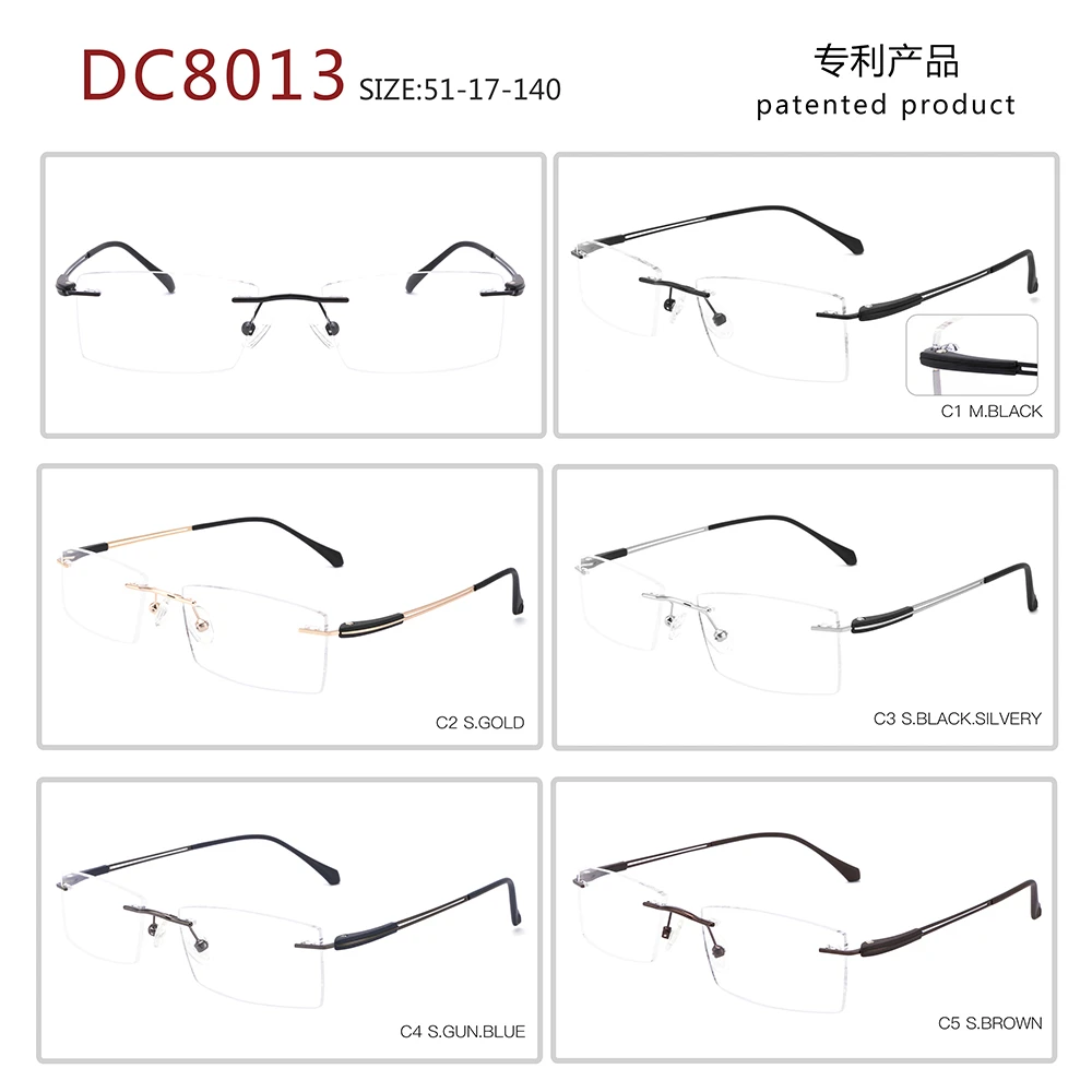 DC8013 rectangle men elastic stainless steel temple rimless eyeglass frames