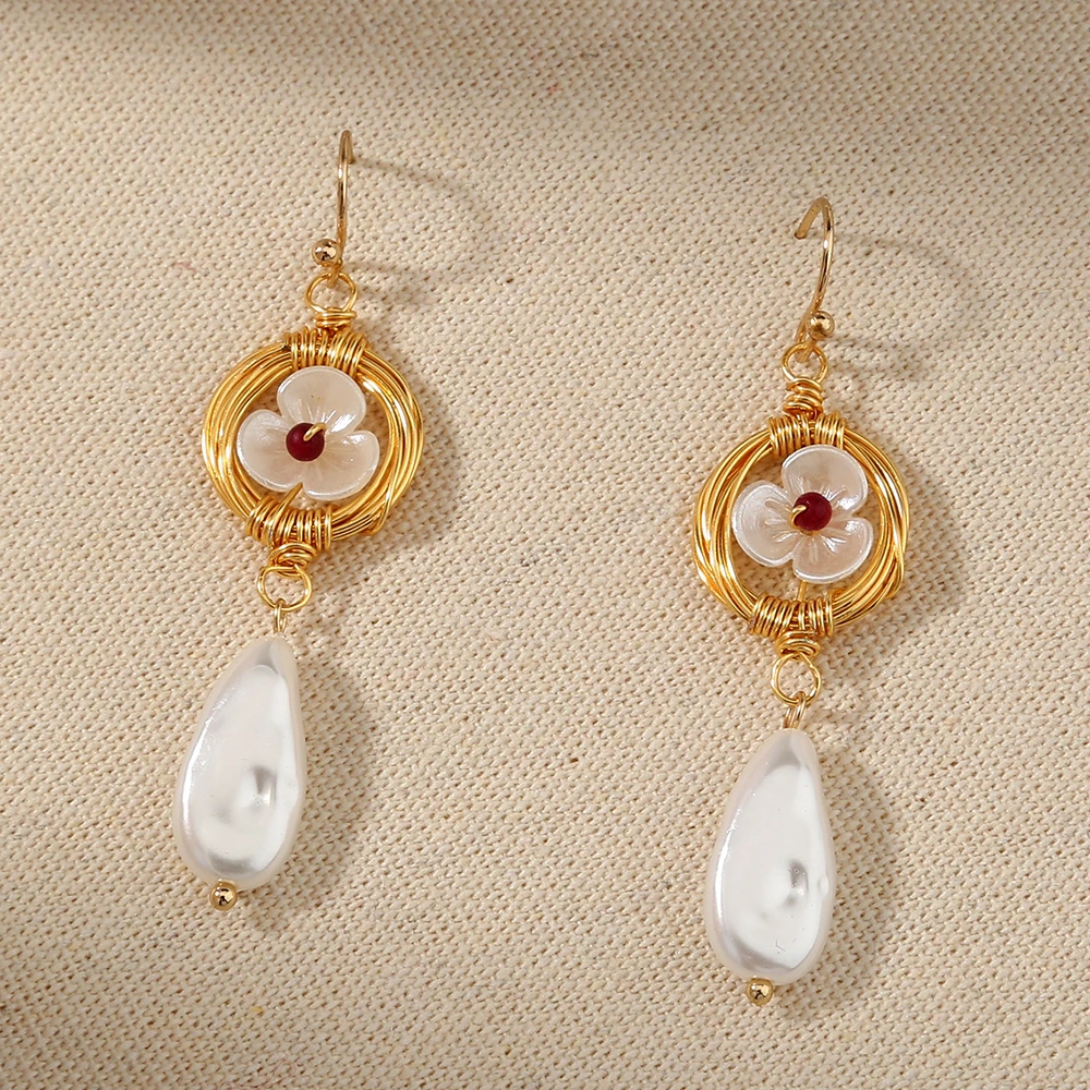 Delicate Deep Red Natural Stone Flower Baroque Pearl Real Gold Hook Earrings Woman Jewelry