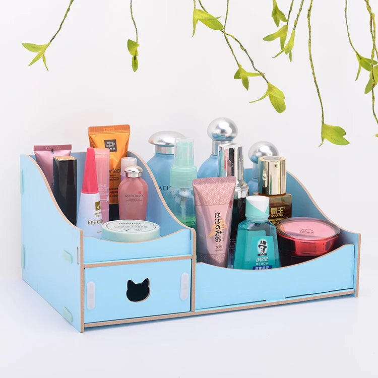 Desktop Makeup Organizer Bamboo Desk Drawer Storage Organizer Box