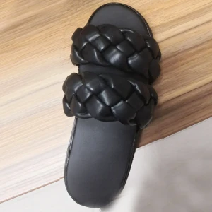 Double Braid Strap Women Slippers Black Flats Slides Shoes