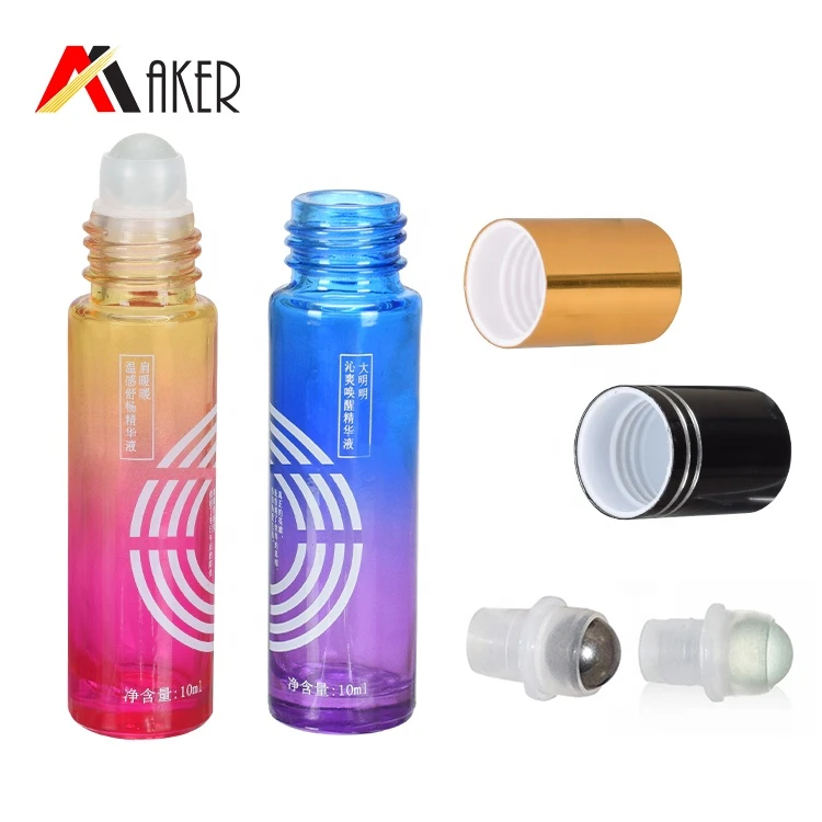Empty round painted colorful 10ml glass oil perfume roll on bottle with gold color cap