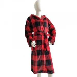 Fashion and economy checked design women size flannel bathrobe with hood