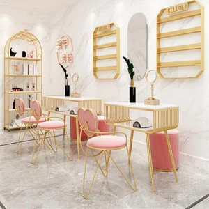 Fashion Marble Nail Table and Chair Set, Single Double Golden Iron Manicure Table Set