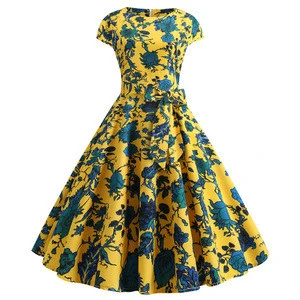 French Vintage Style Prom Dress With Big Swing Floral Print Elegant Casual Women Dress