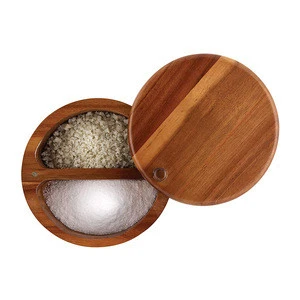 FSC Custom Brown Wood Salt Cellar With 2 Compartments Wood Round Salt Box Spice Box with Swivel Cover