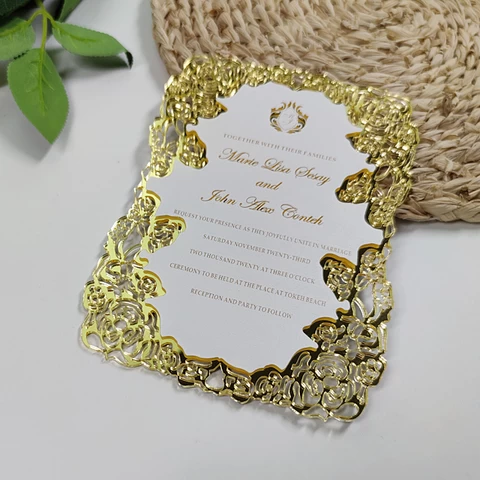 Golden acrylic Laser Cut Invitation Card Factory direct sale Custom  Luxury Wedding Invitations