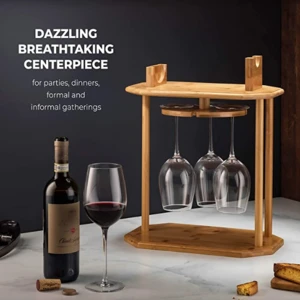 High-Grade Wooden Wine Rack &amp; Wine Glass Holder  100% Natural Bamboo Wine Holder - 360 Swivel Free Standing