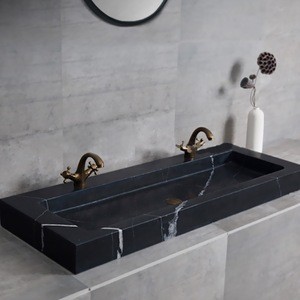 High polished bathroom double sink marble vanity basin, Double bowl granite bathroom sink stone