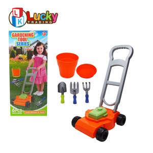 high quality 6pcs home play plastic kid gardening toy lawn mower with tools