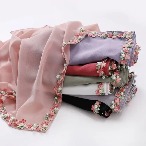 High quality good price embroidery flower lace Beading chiffon woman square scarves Muslim womens scarf hijab pashmina shawl